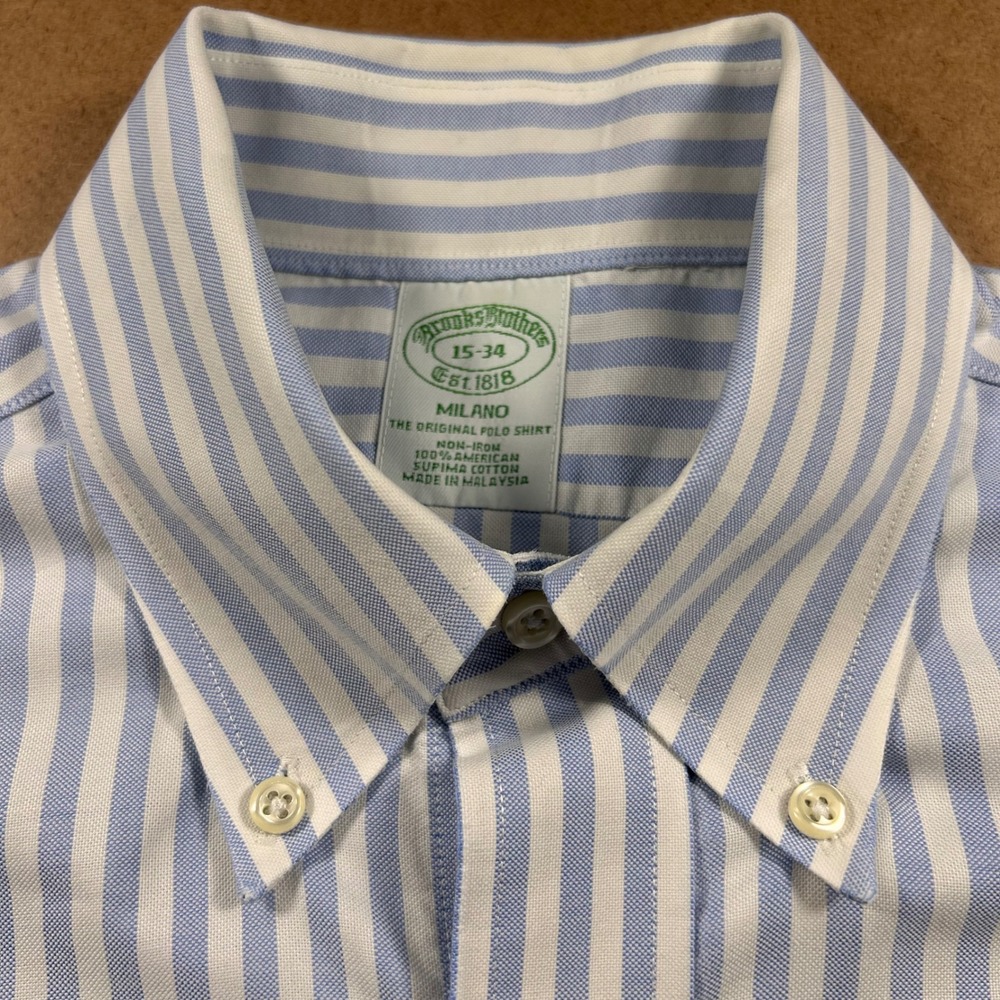 Brooks Brothers Milano Shirt Mens 15-34 Blue White Stripe Non-Iron Supima Cotton